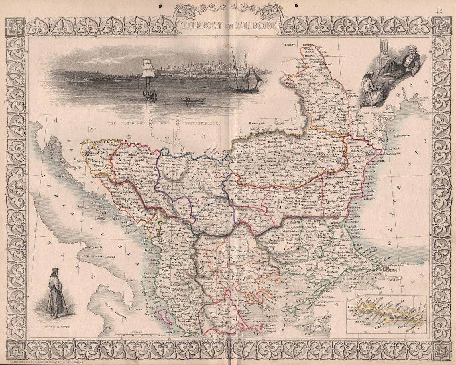 TURKEY IN EUROPE. Constantinople (Istanbul) vignette. TALLIS / RAPKIN 1860 map